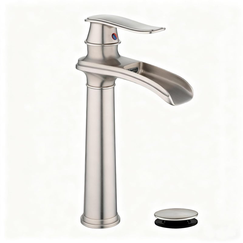 Beelee Waterfall Spout Commercial Bathroom Vessel Sink Faucet Single Handle One Hole Deck Mount Brushed Nickel Lavatory Mixer Tap - Image 1